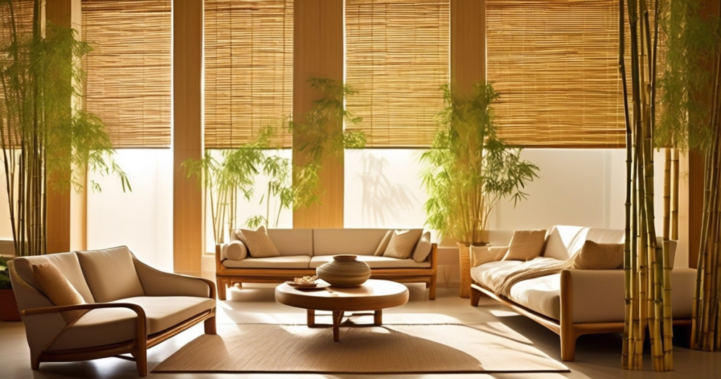 Enhance your living room with stylish bamboo blinds and furniture, creating a serene and eco-friendly ambiance.